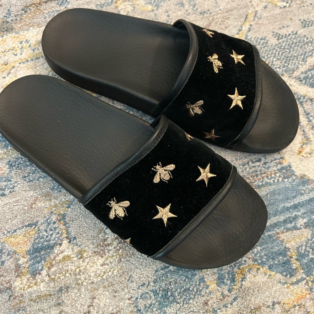 Gucci Black and Gold Star Embellished Sandals